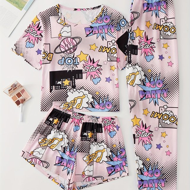 Conjunto De Pijama Con Estampado De Grafiti De Dibujos Animados, Camiseta De Manga Corta Con Cuello Redondo, Pantalones Cortos Y Pantalones De Salón, Ropa De Dormir Y Ropa De Salón Para Mujer