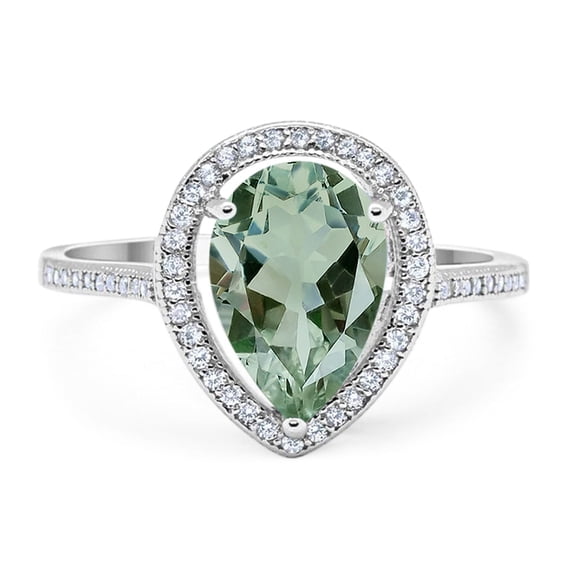 Natural Green Amethyst Prasiolite Size-5 Art Deco Pear Teardrop Vintage Style Cocktail Ring Halo CZ Wedding Engagement Ring 925 Sterling Silver Gift For Her