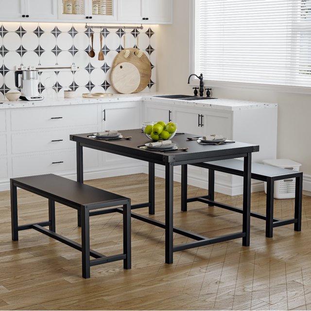 Jotoa 3-piece Industrial Dining Table Bench Set for 4, Space-Saving Rectangular Kitchen Table Set, Modern Dinette Table Set with Metal Legs for Small Spaces, Apartments