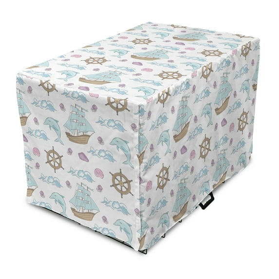 Nautical Dog Crate Cover, Pastel Sea Cruising Waves Dolphins Steering Wheel Sailing Boat Jellyfish, Easy to Use Pet Kennel Cover Small Dogs Puppies Kittens, 7 Sizes, White and Multicolor, by Ambesonne