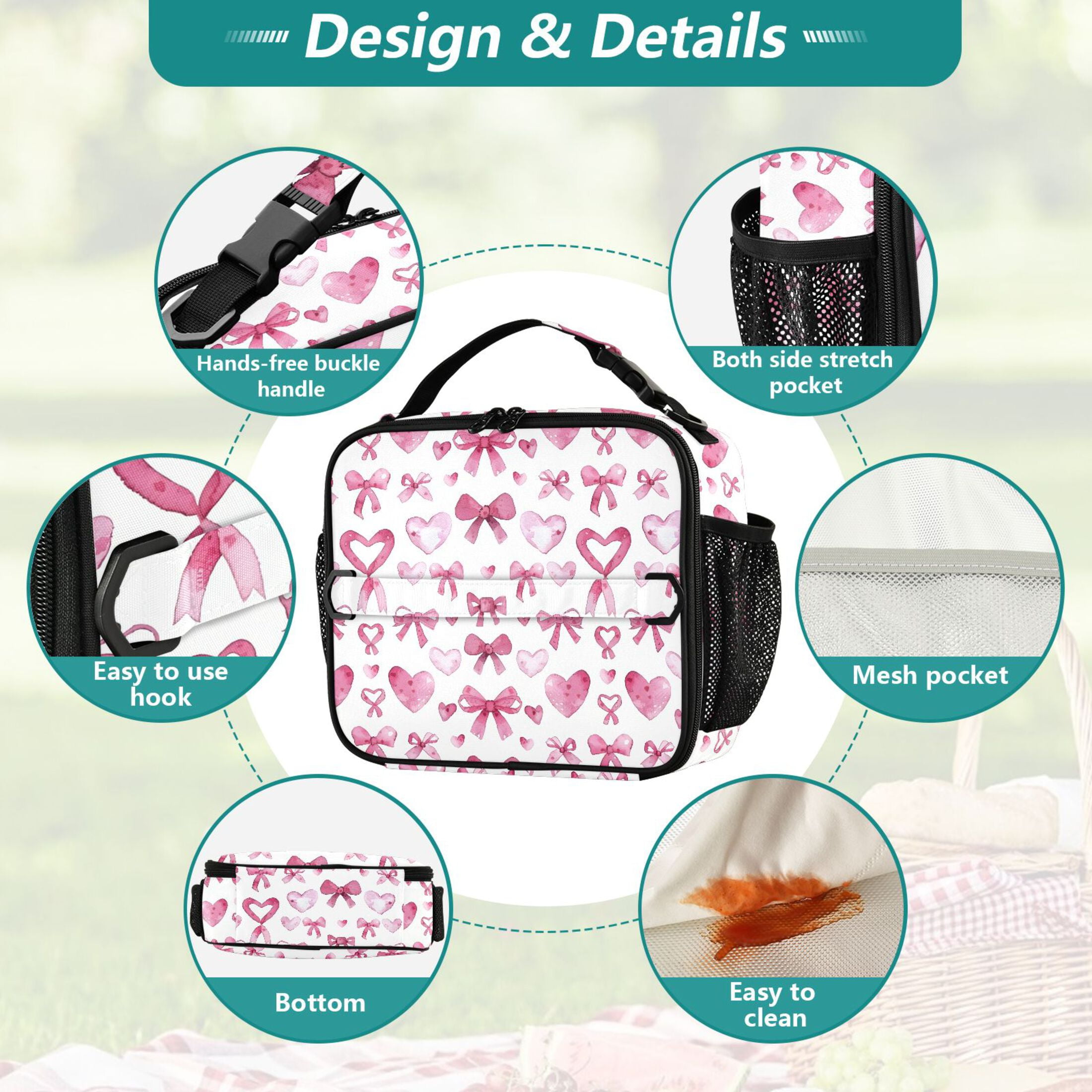 ALAZA Bows and Hearts Lunch Box Insulated Lunch Bag Cooler Tote with Shoulder Strap