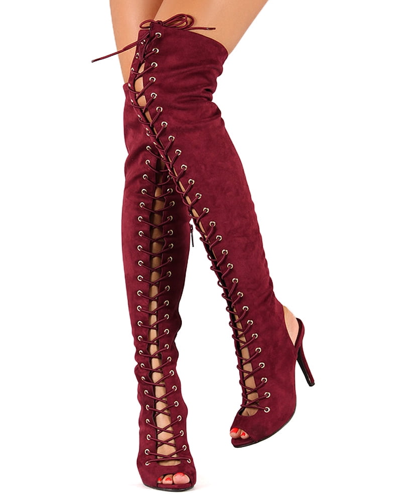 thigh high lace up boots no heel