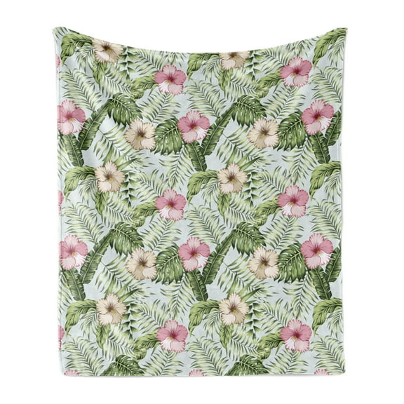 Exotic Soft Flannel Fleece Blanket, Botanical Theme Tropical Pinkish Flowers Hibiscus and Monsteras in Realistic Style, Cozy Plush for Indoor and Outdoor Use, 50" x 60", Multicolor, by Ambesonne