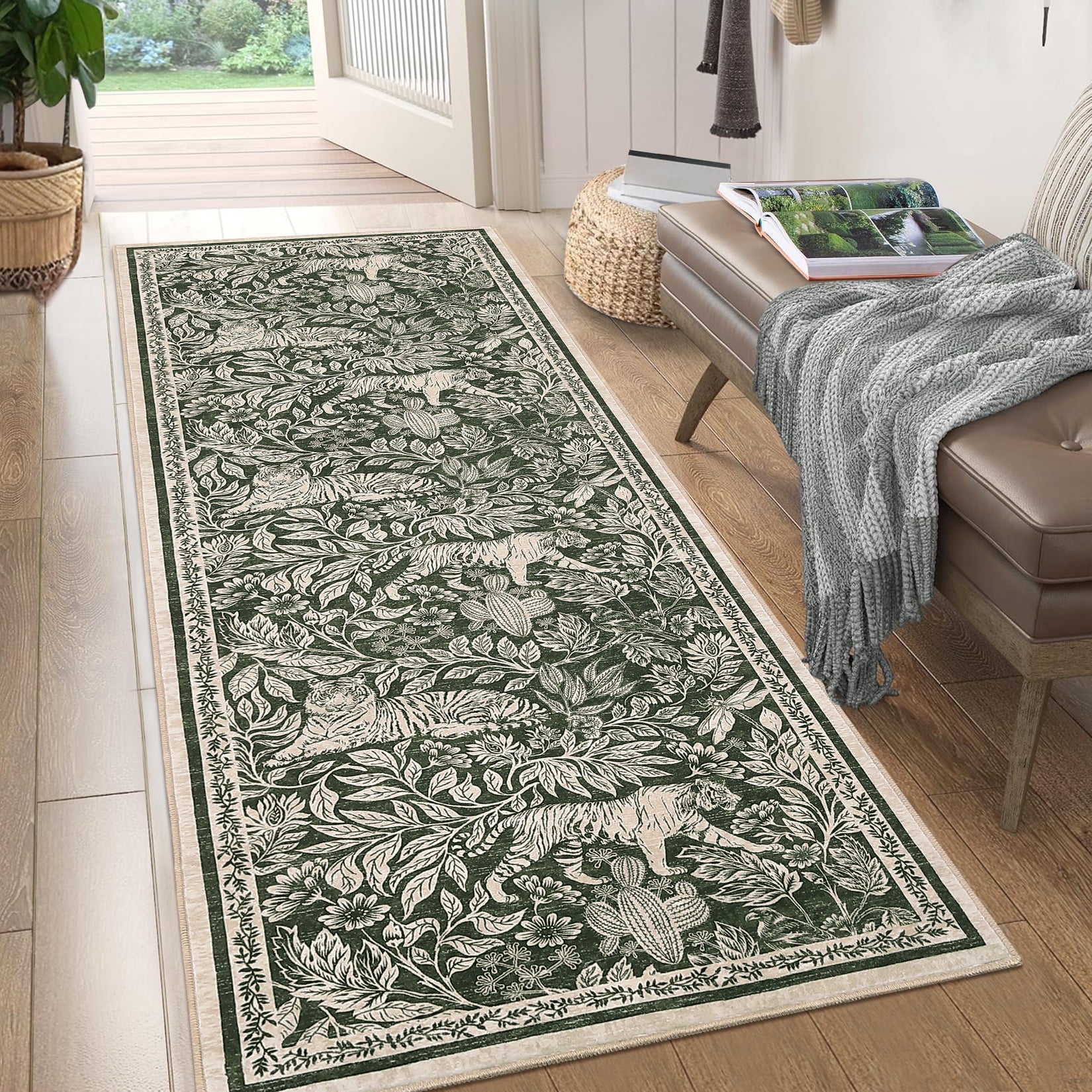 Garvee 2'x6' Print Runner Rug, Modern Washable Living Room Rug, Non Slip Non-Shedding Botanical Floor Carpet, Soft Stain Resistant Indoor Rug for Bedroom Hallway Kitchen,Green