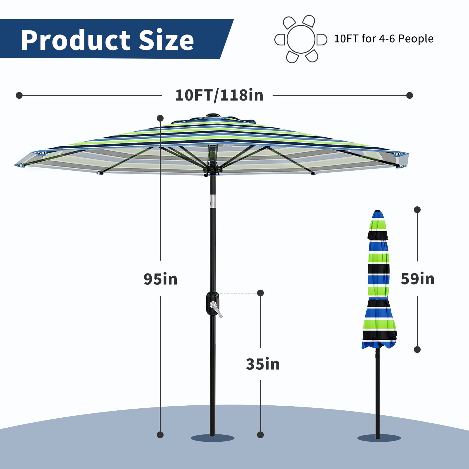 10FT Outdoor Patio Umbrella with 8 Sturdy Ribs, Crank Lift and Push Button Tilt, UV Protection Waterproof Market Table Umbrella for Pool Deck Yard, Tricolor Stripes (Base NOT Included)