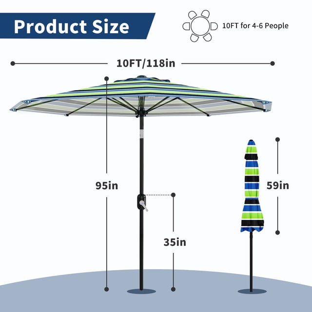 10FT Outdoor Patio Umbrella – UV Protection, Waterproof Canopy, 8 Sturdy Ribs, Crank Lift & Push Button Tilt, Market Table Parasol for Garden, Pool, Deck, Backyard – Yellow Blue Purple Stripes