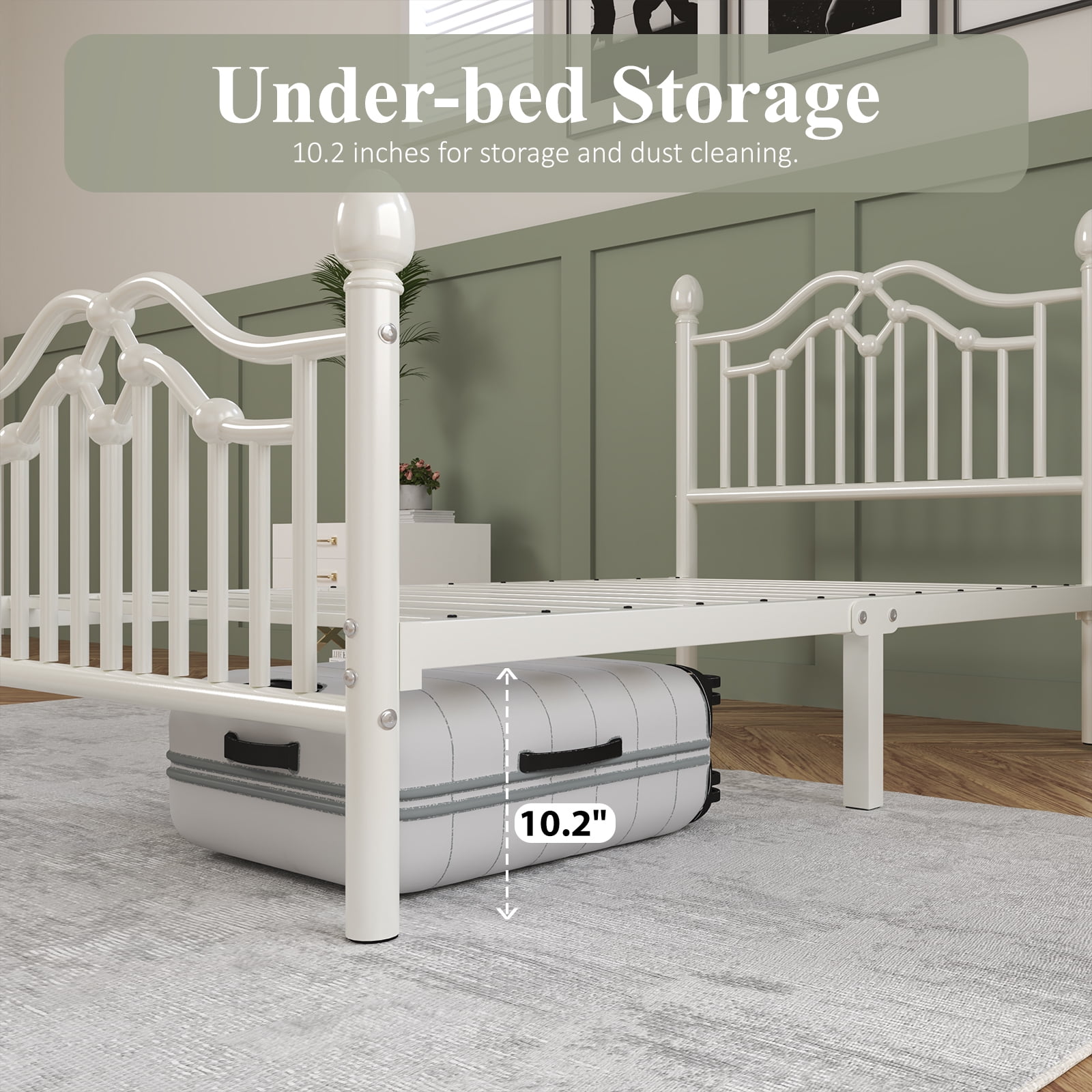 E-Ser Twin Size Metal Platform Bed Frame,Modern Headboard And Footboard,Adequate Under Bed Storage,No Box Spring Needed,White