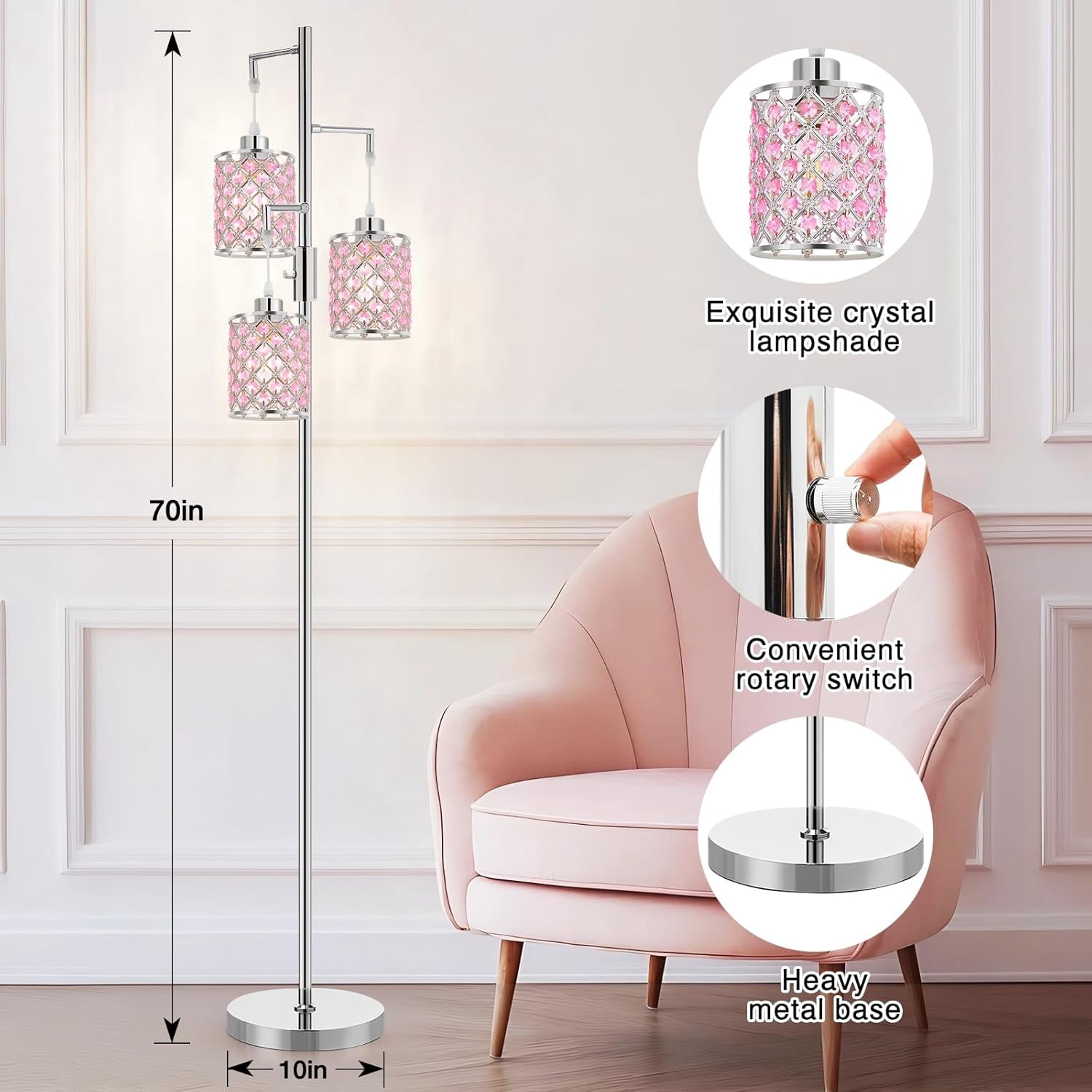 NATYSWAN Morden Gold Crystal Floor Lamps for Living Room, 3-Light Standing Tall Lamp with Elegant K9 Crystal Shade & Rotary Switch, Modern Corner Lamp for, Bedroom,Office