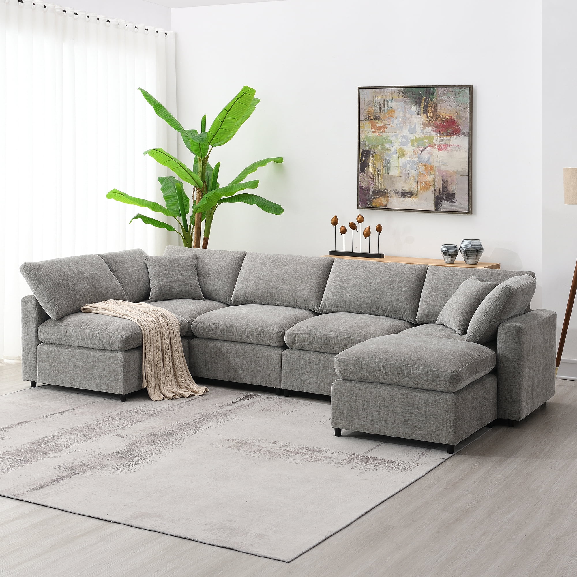 MAYEERTY 130x65" Modern Modular Cloud Sofa Bed - 6-Seat Chenille U-Shaped Sleeper with Ottoman, Free Combination for Living Room/Apartment, 3 Colors