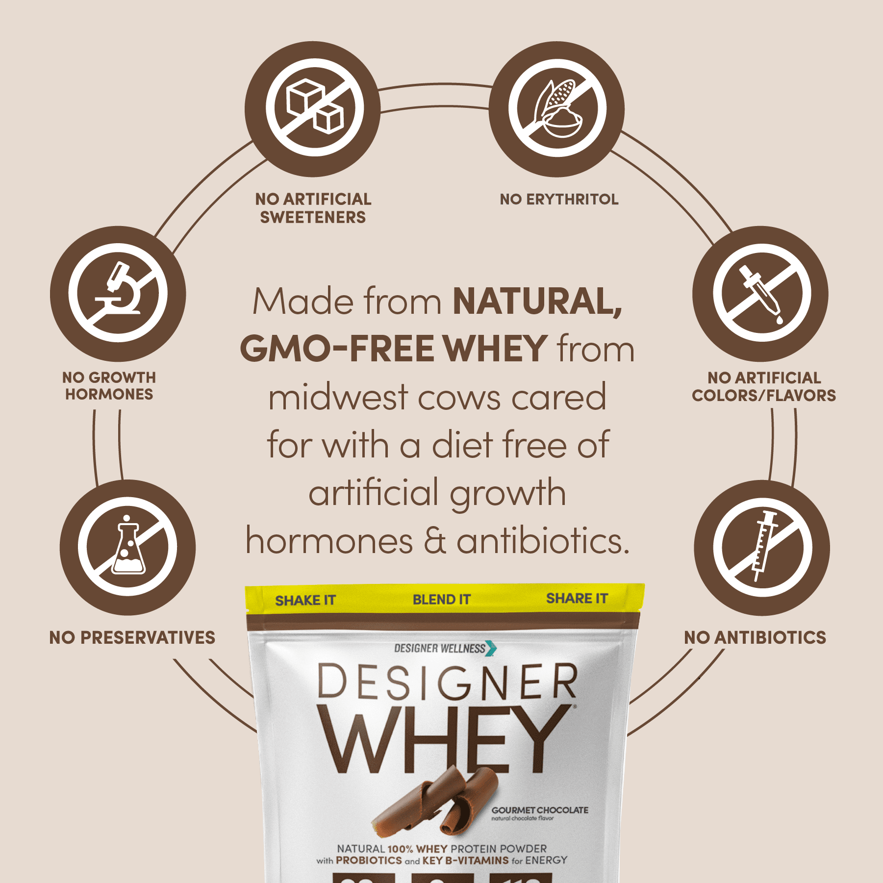 Designer Wellness, Designer Whey, Natural 100% Whey Protein Powder with Probiotics, Fiber, and Key B-Vitamins for Energy, Gluten-free, Non-GMO, Gourmet Chocolate, 4 lb