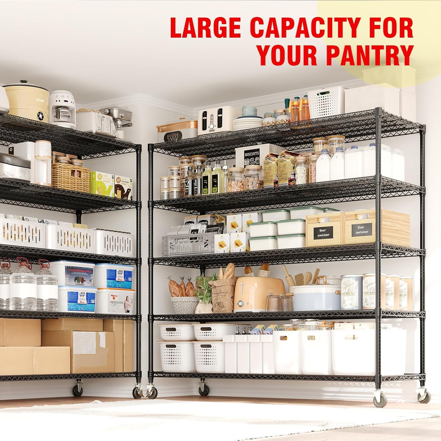 Garvee 5 Tier Metal Storage Shelving Unit with Wheels, Adjustable Rack Shelf, 59" x 23.6" x 82.6", Black