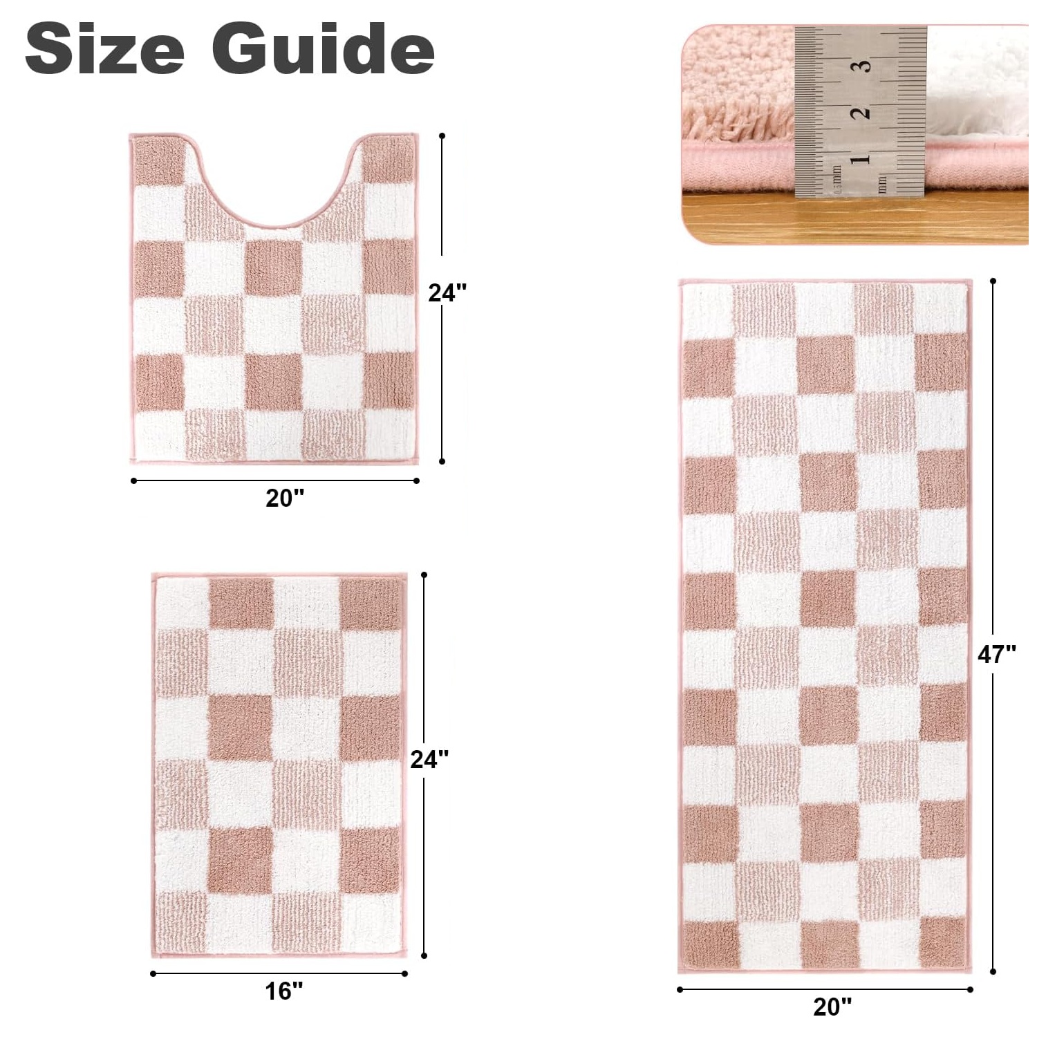 Bathroom Rugs, Yamaziot Checkered Bath Rugs Set 3, Non Slip Absorbent Bathroom Runner with Toilet Cover Mat, Washable Extra Soft Microfiber Floor Carpet