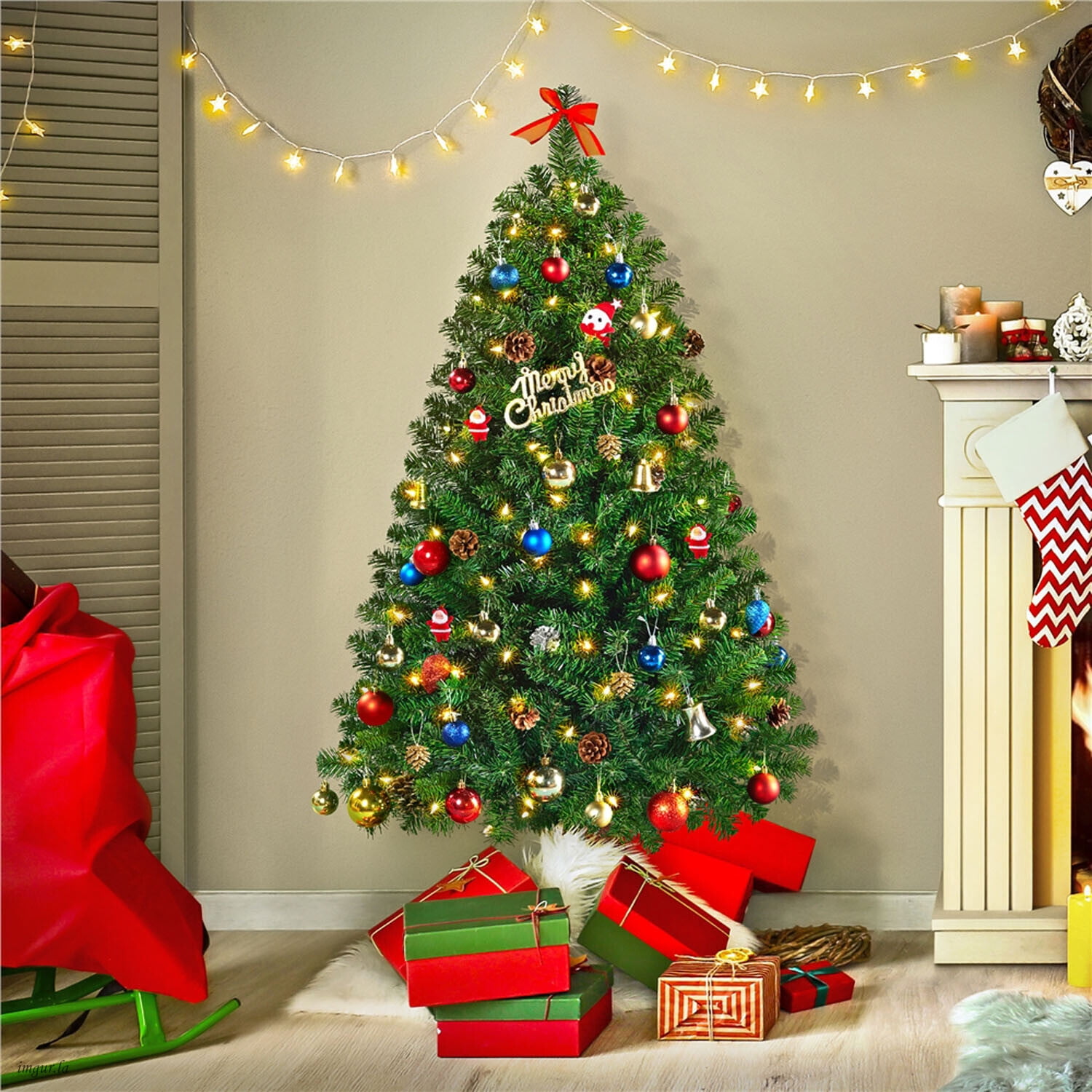Alden Design 4.5FT Artificial Christmas Fir Tree with Foldable Stand,Pre-lit Xmas Tree with 150 LED Warm Lights,Green