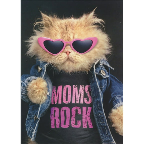 Avanti Press Cool Cat with Pink Heart Sunglasses, Moms Rock Tee and Denim Jacket Funny Mother's Day Card