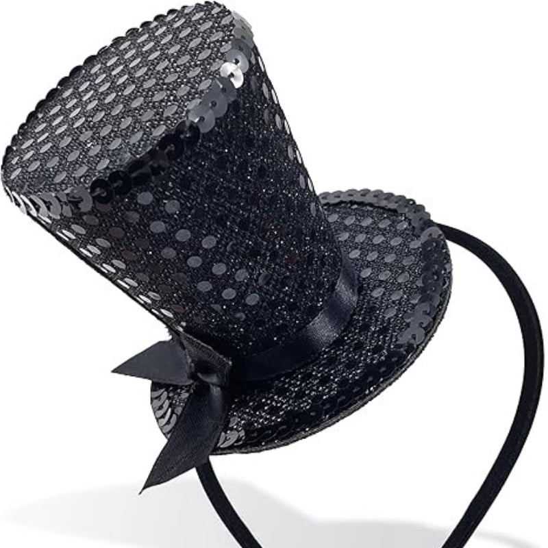 Sequin Mini Top Hat with Elastic Headband for Halloween Costume Accessory