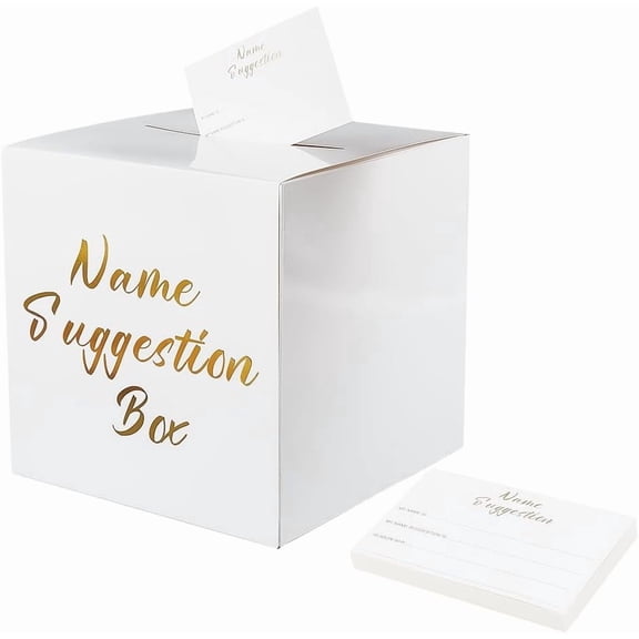 Name Suggestion Box White Paper Card Box with 30Pcs Cards 8.7x8.7x8.7 Inch Cardboard Party Decor