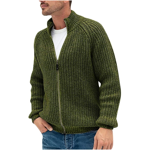 Cárdigan informal liso de manga larga para hombre, cuello levantado, cremallera, suéter, abrigos Pompotops oipoqjl19979