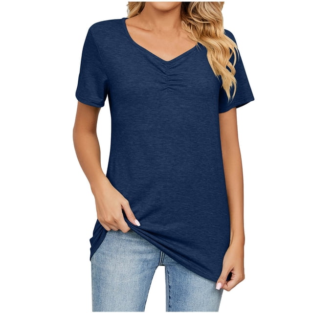 Timegard Hauts pour Femmes Manches Courtes Col en V Froncé Blouse Confortable Tunique Décontractée à Porter avec des Leggings