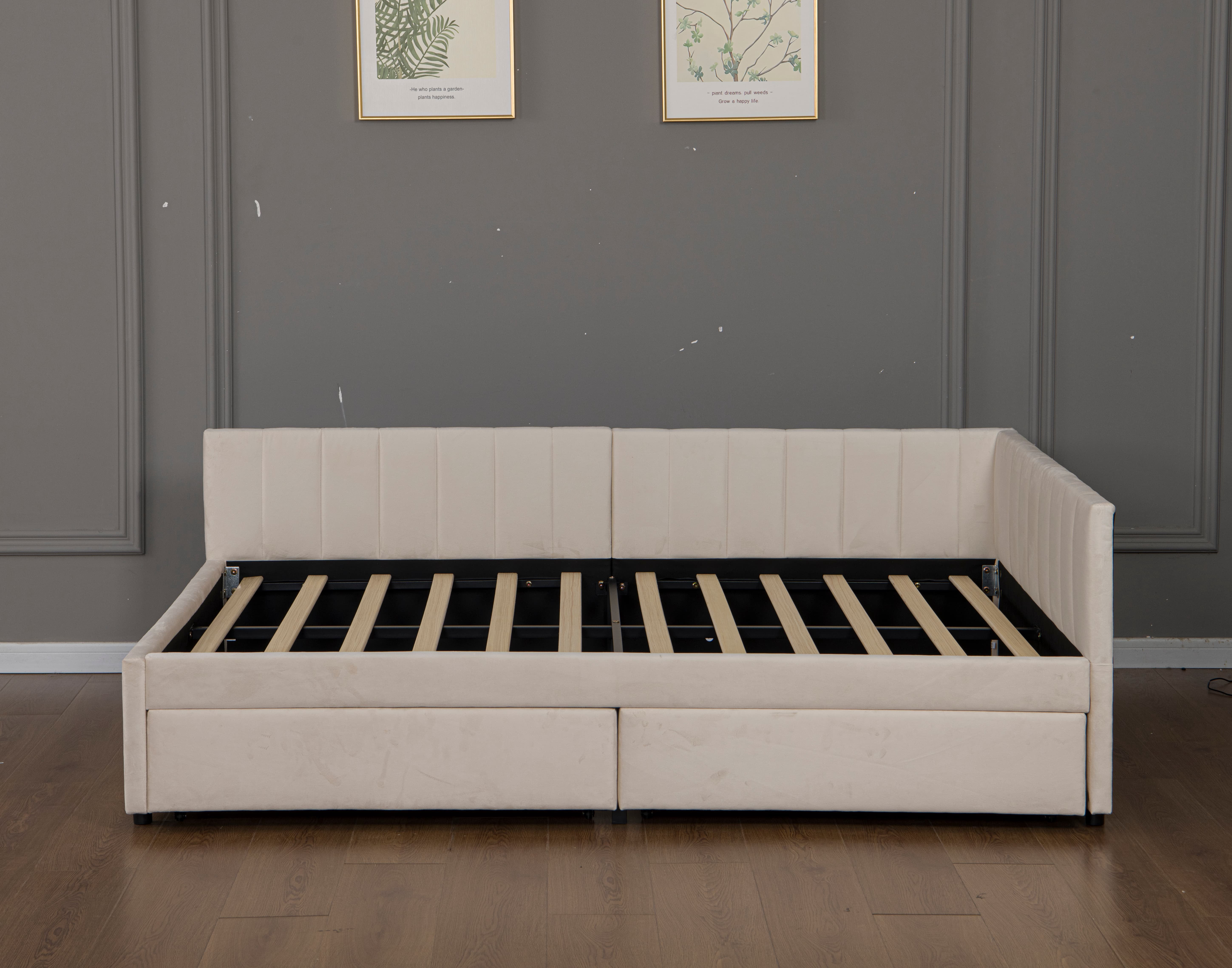 Full Size Daybed 79.1 Inch, Upholstered Corner Bed with L Shaped Headboard and 2 Storage Drawers for Living Room Guest Room, Beige