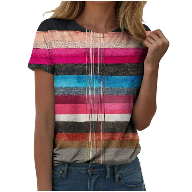 Camisetas Casuales de las Mujeres Estampadas Cuello Tripulado Manga Corta Superior, Ligera Mezcla de Poliéster Blusa de Moda