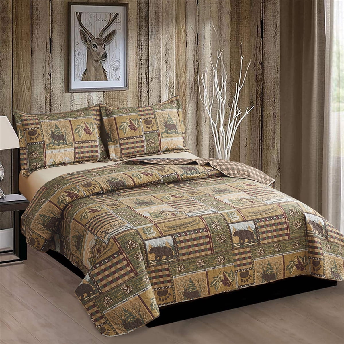 Beartech Quilt Set Twin Size Rustic Bedding Lodge Cabin Quilt Forest Bear Bedspread Coverlet Lightweight Reversible Microfiber Quilt