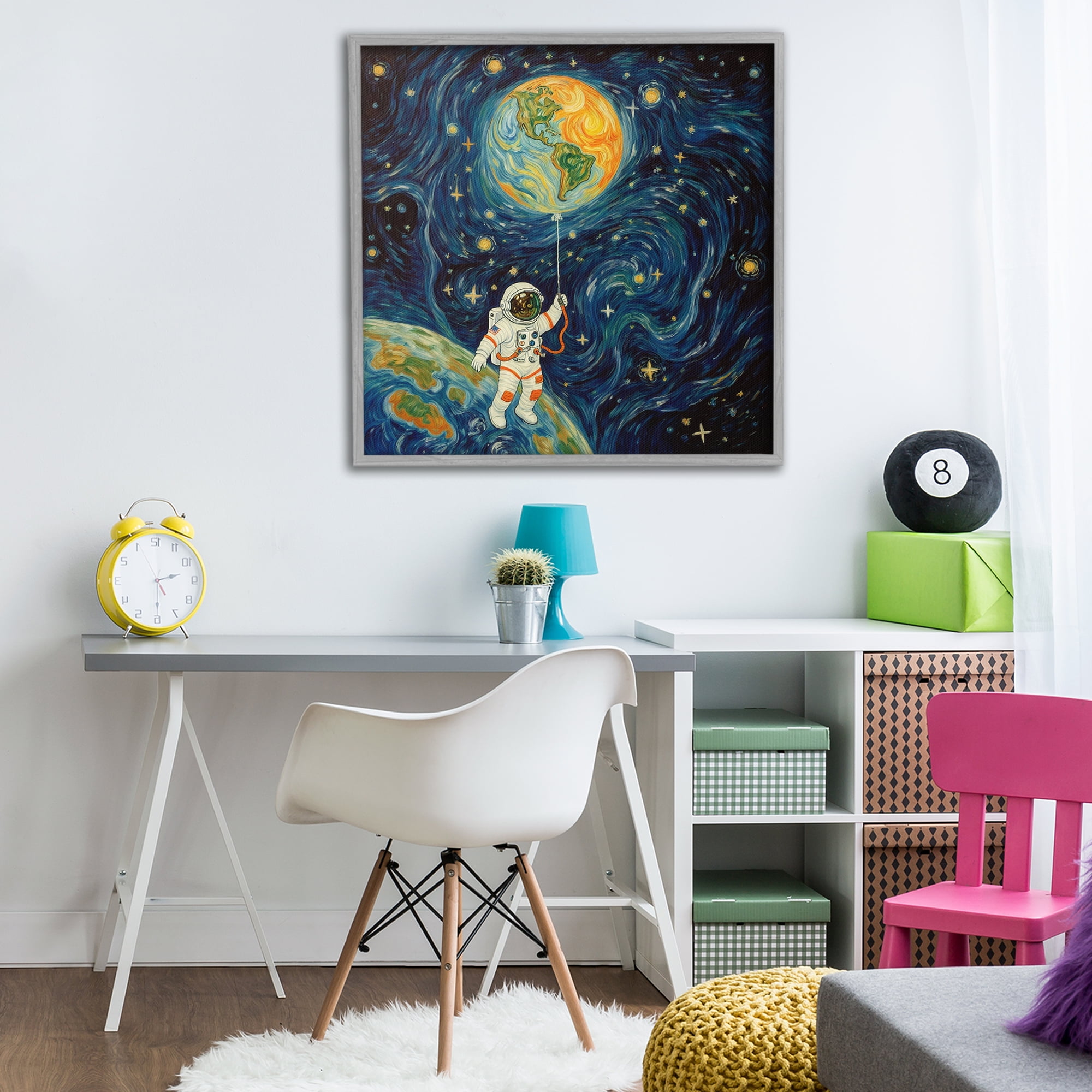 Astronaut with Earth Balloon Gray Framed Giclee Art, design by Angie Hawke