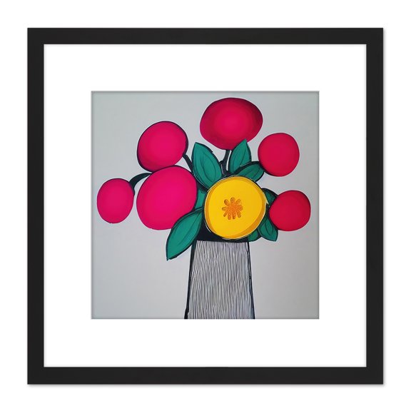 Modern Abstract Ruby Flowers Vase Boho Painting Square Wooden Framed Wall Art Print Picture 8X8 Inch