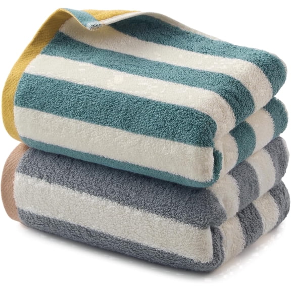REDKISS 2-Pack 100% Cotton Hand Towels, Double-Sided Striped Design, Absorbent Bathroom Towels, Green & Gray