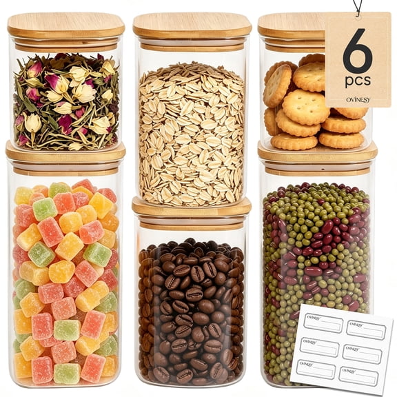 OVINESY Glass Food Storage Containers with Lids, 6 Pack Airtight Glass Jars with Bamboo Lids, 3 Size Pantry Storage Organizers for Cereal, Flour, Sugar, Coffee, Rice, Candy and Kitchen Canisters
