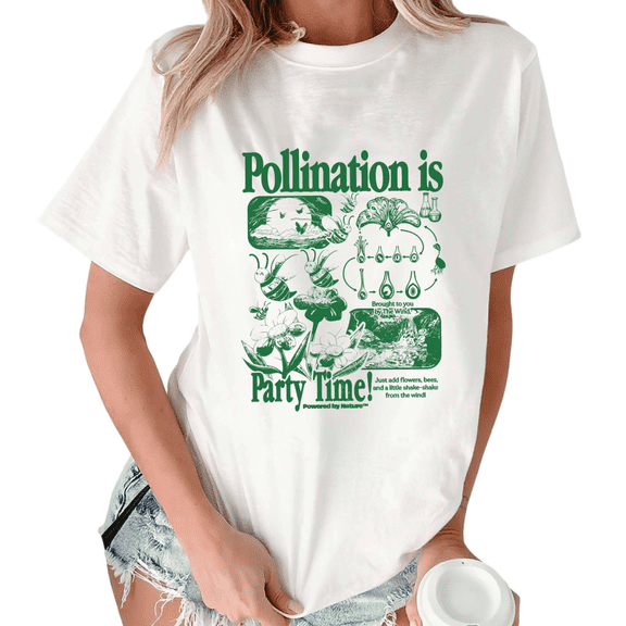 White Print Tshirt Graphic Tees Shirts Green Pollination Party Time Tee For Nature Lovers S-5XL Tops