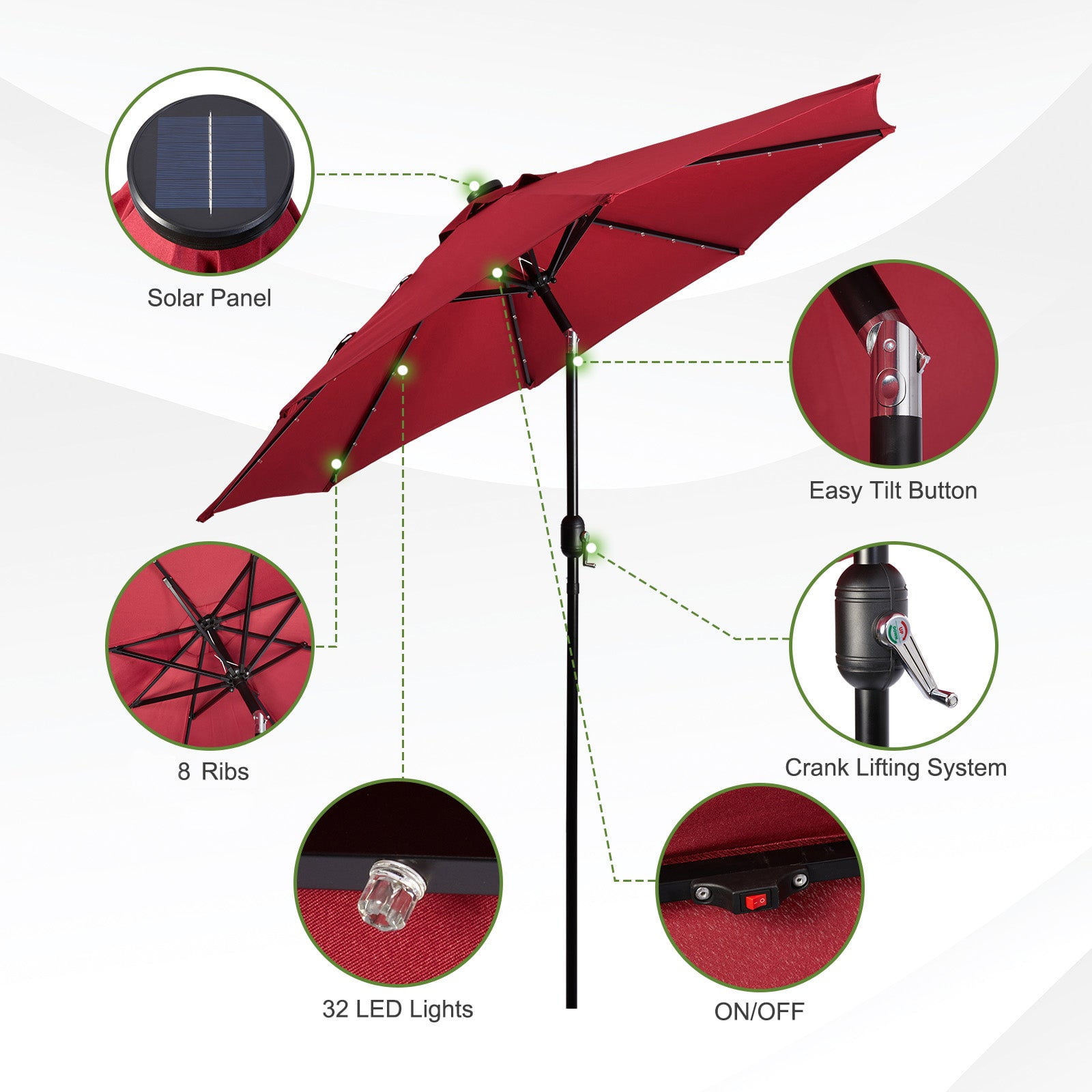 Backyard Expressions 9ft Solar Patio Umbrella with 32 LED Lights – Outdoor Market Umbrella with Tilt & Crank, Solar-Powered Lighting, Water-Resistant Fabric for Patio, Deck, Garden, Pool