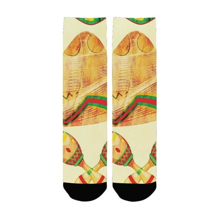 

Mexican Decorations Funk Art Style Old Straw Hat with Decorative Maracas Illustration Yellow Green Women s Custom Socks (Made In USA)