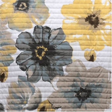 Lush Decor Leah Floral Print Soft Microfiber Reversible Quilt, Full/Queen, Yellow/Gray, 3-pc set includes: 1 Quilt, 2 Pillow Shams