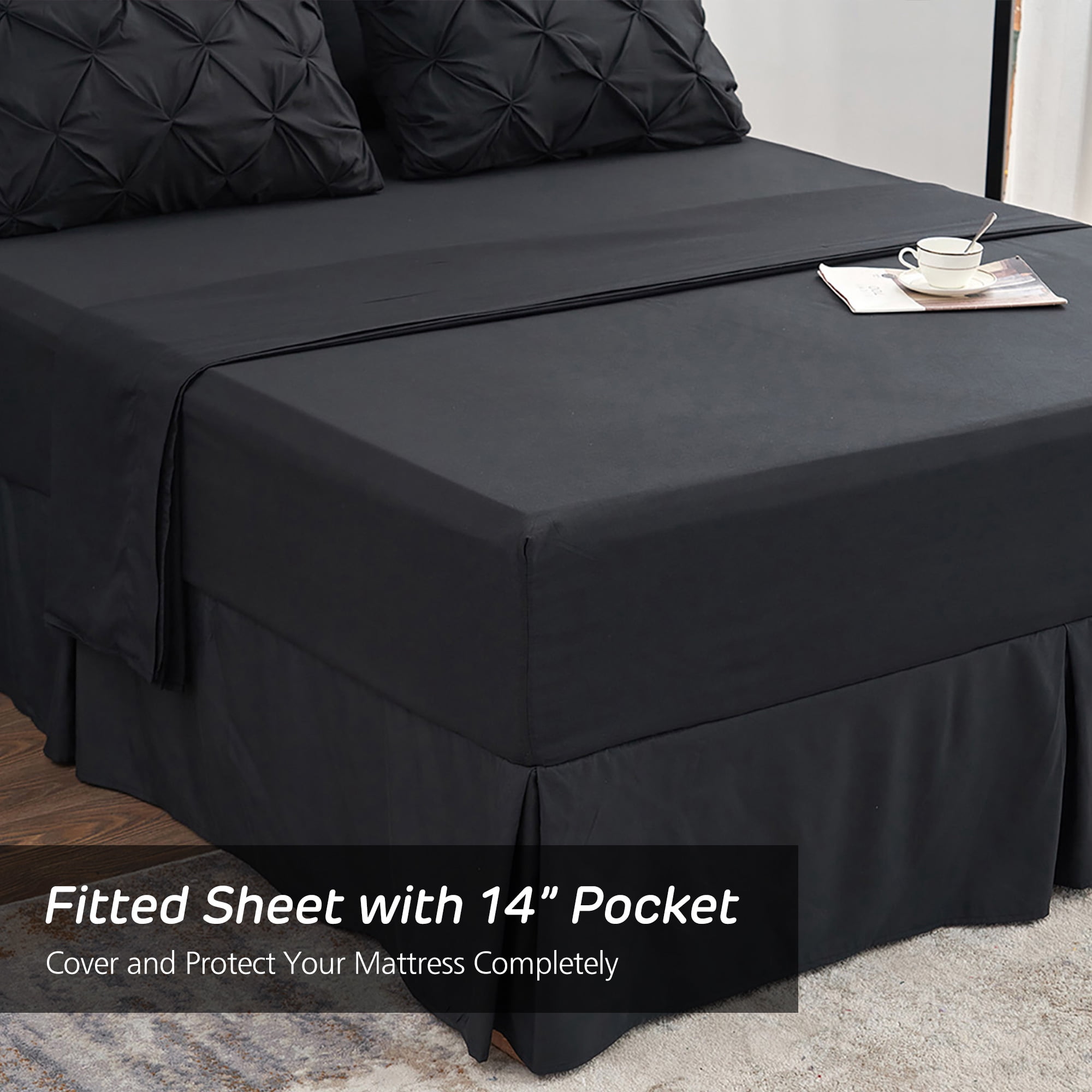 HAOK 8 Piece Pinch Pleated Pintuck Comforter Set - Bedding Bed in A Bag, King, Black