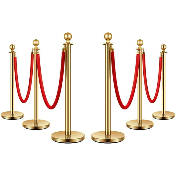 SPECSTAR Stainless Steel Stanchion Post Queue 6PCS Pole w/ 4 Red Velvet Ropes, Crowd Control Barriers w/Fillable Base for High-end Venues, Museums, Party Supplies (6 Pieces, Golden)