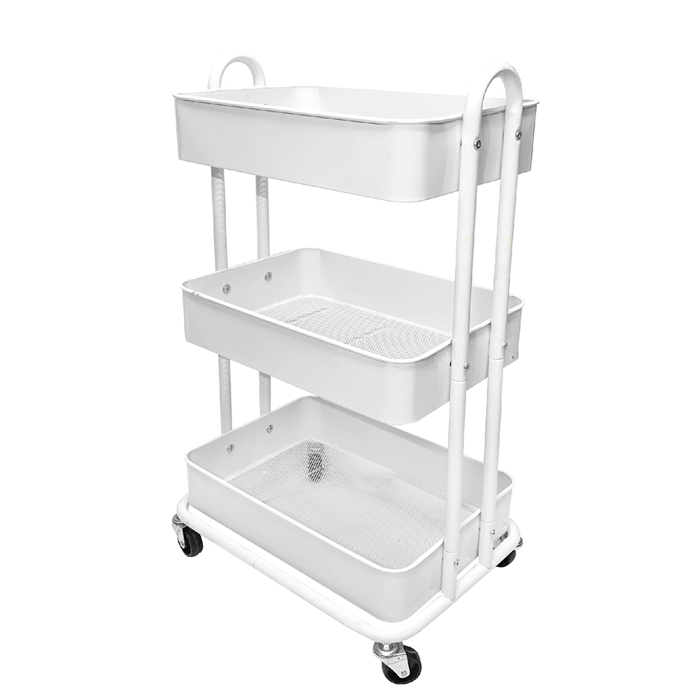3 Tier white rolling utility cart with wheels. Great for crafts