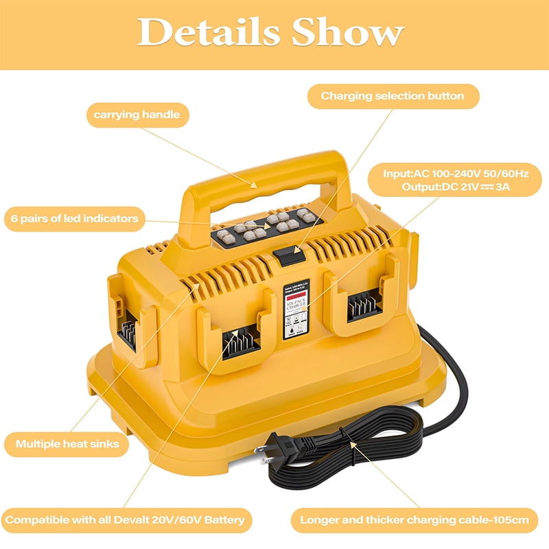 6-Ports For Dewalt Rapid Battery Charger Station,Replacement for De*walt Flexvolt 20V/60V Battery DCB200 DCB205 DCB606 DCB609