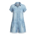 thumbnail image 4 of LEKODE Jumpsuits for Women Button Front Collared Romper Short Sleeve Loose Fit Cuffed Denim Shorts Vacation One Piece Outfit Fall clothes Sky Blue XL, 4 of 5