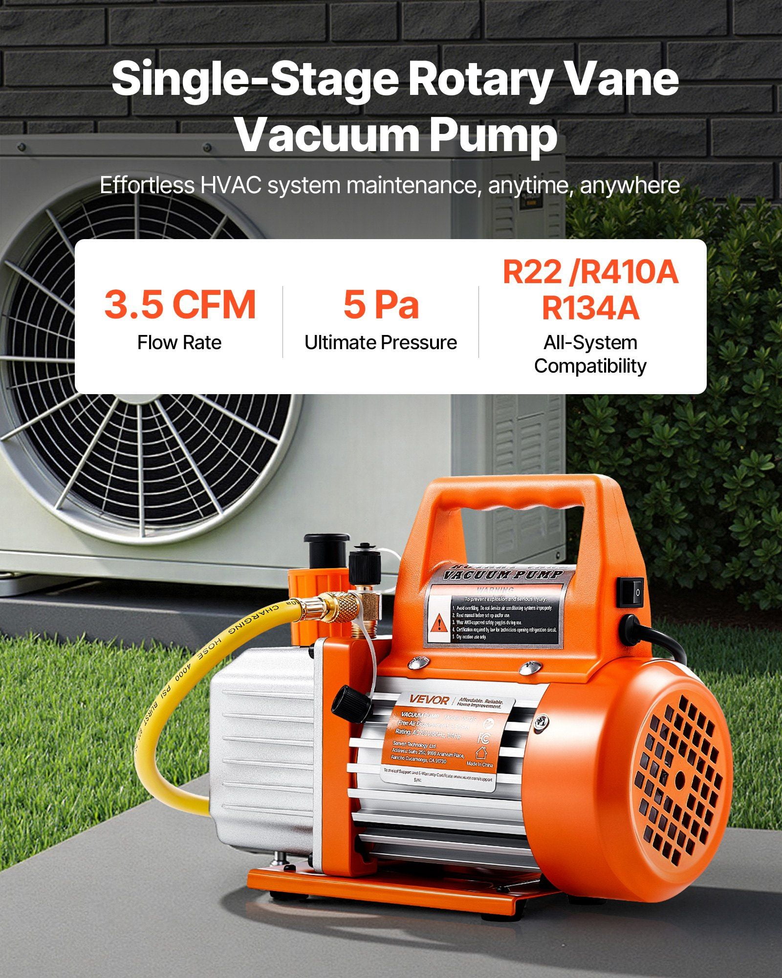 3.5 CFM 1/4 HP Single Stage Rotary Vane AC Vacuum Pump for HVAC R134a R22 R410a Systems Automotive AC Maintenance Resin Degassing with Oil Bottle 1720 RPM
