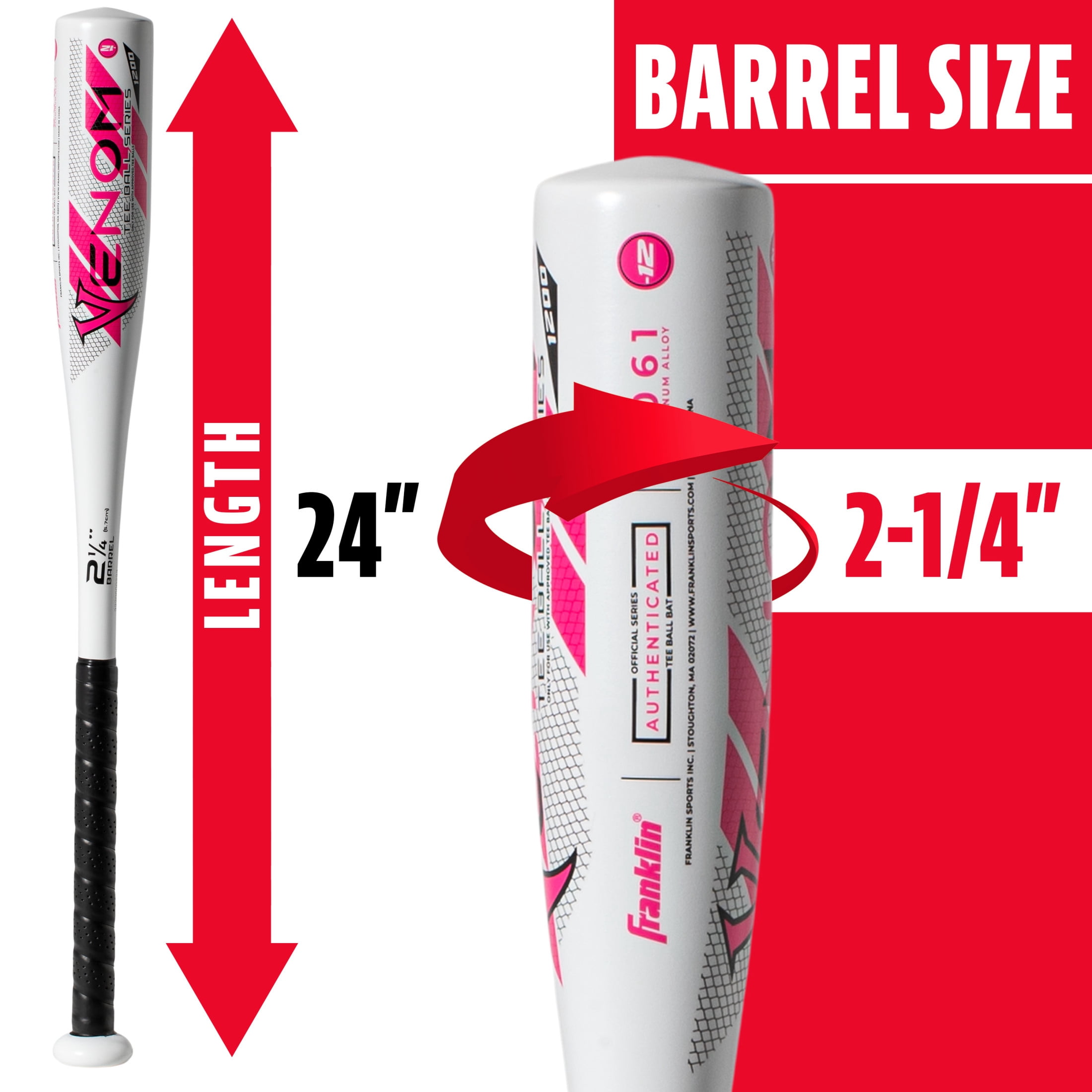 Franklin Sports Venom 1200 Youth Aluminum Teeball Bat, 24 in/12 oz, Drop -12, White