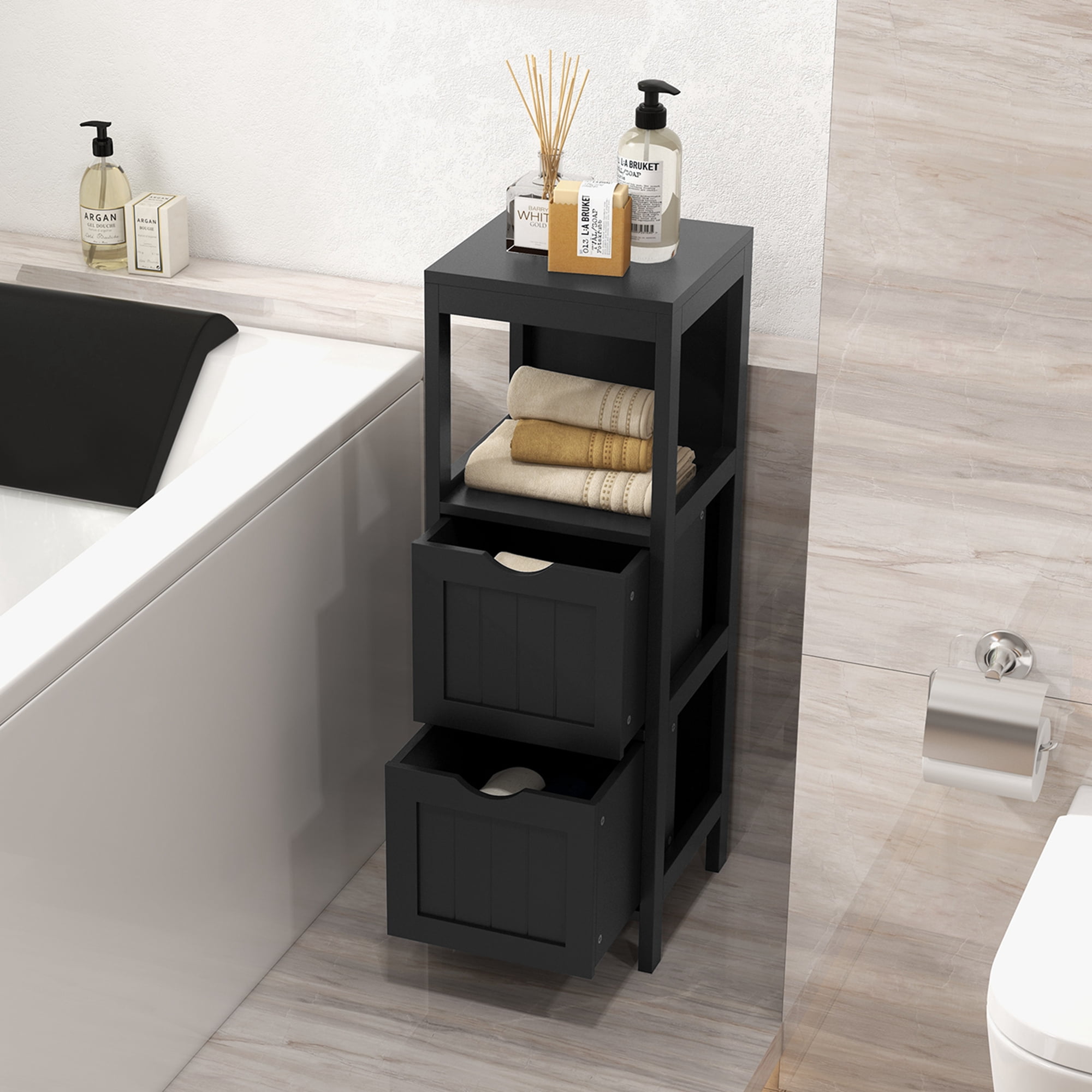 Costway Bathroom Floor Cabinet Freestanding Side Storage Organizer with 2 Removable Drawers Black