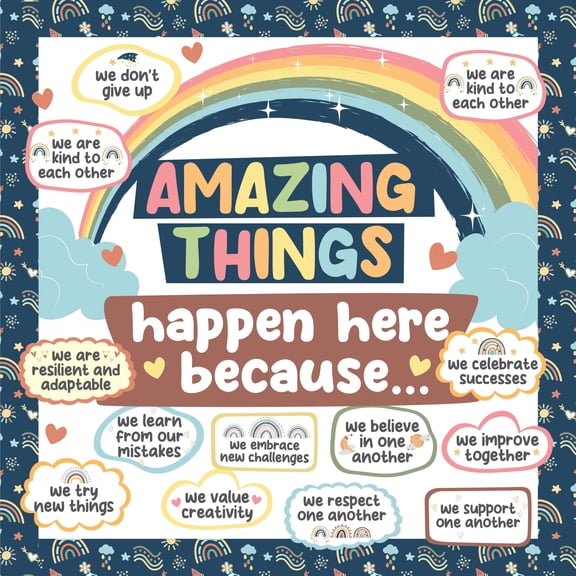 Amazing Things Happen Bulletin Board Set, 112 Pcs Boho Rainbow Cutouts and Borders, Classroom Office Wall Door Decor, Multicolor
