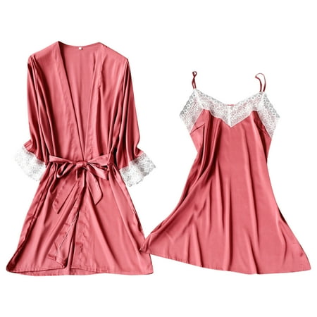

wendunide dresses for women 2023 Women Lace Solid Color Suspender Nightgown Long Sleeved Gown Suit Watermelon red