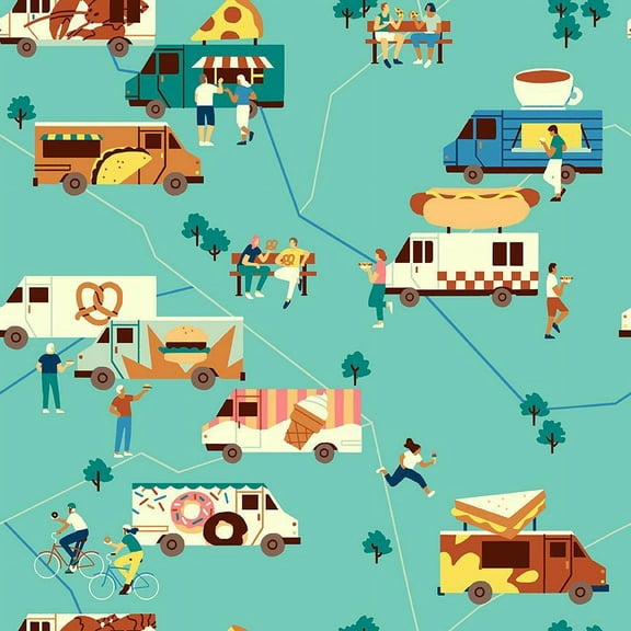 Turquoise Food Trucks fabric, Paintbrush Studio Food Trucks cotton, Sold by the Quarter Yard