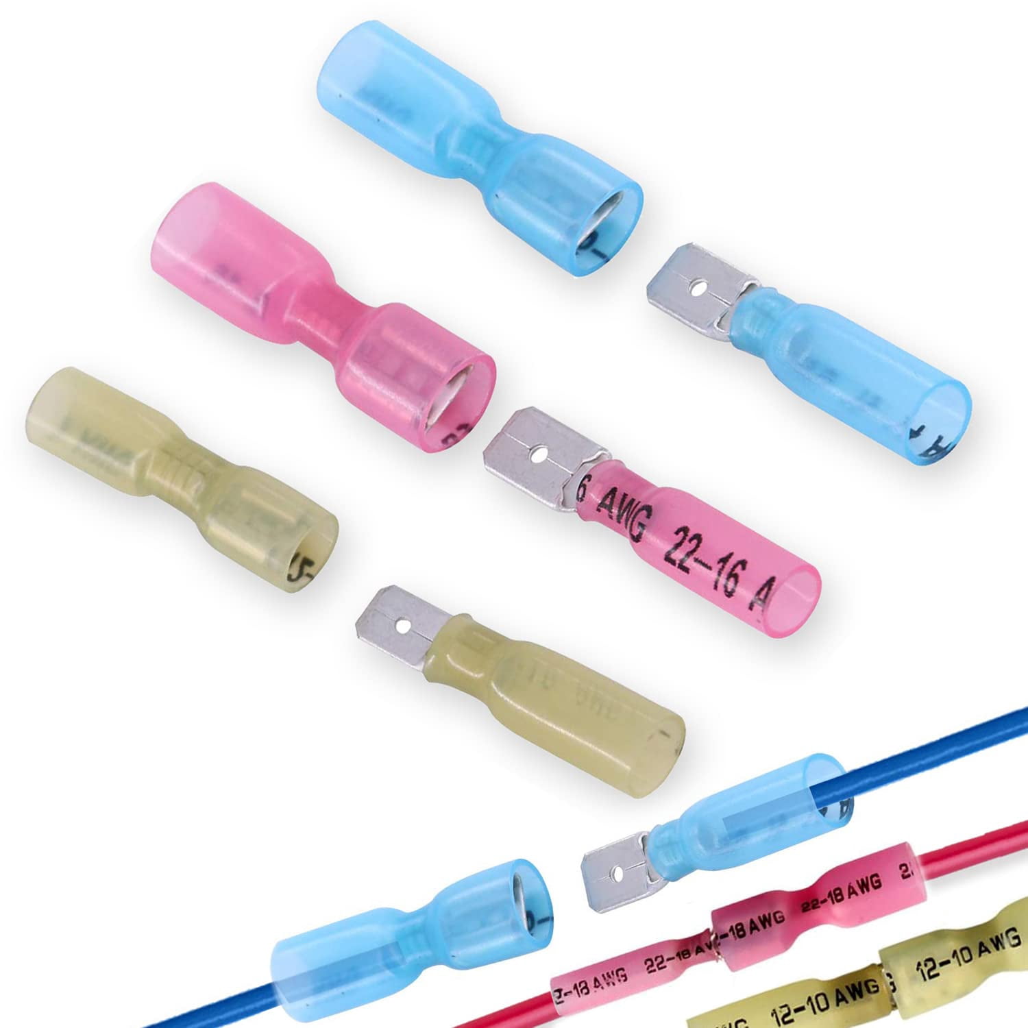 100 Heat Shrink Fork Connectors 1/4 Inch 22-10 AWG Wire Size Male-Female Terminals Insulated Waterproof Quick Disconnect Cable Crimp Terminal Kit