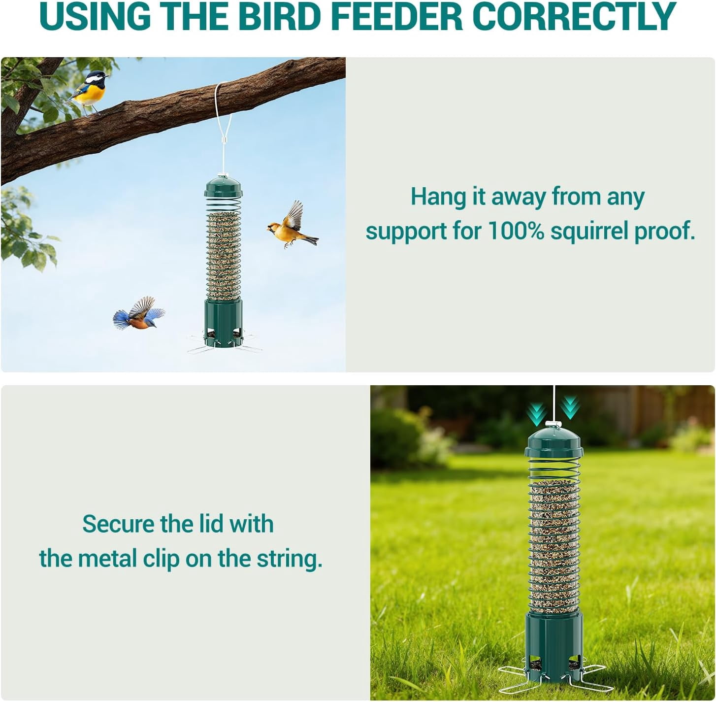 Squirrel Proof Bird Feeder, Metal Bird Feeders for Outdoors Hanging, 3.6LB Large Seeds Capacity for Wild Birds, Finch, Cardinal, Blue Jay, Chickadee, Green