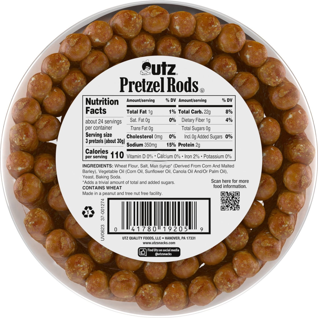 Utz Pretzel Rods, Old Fashioned, 25 oz Barrel