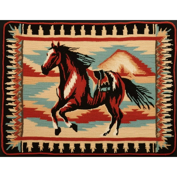 Running Indian Horse Latch Hook Rectangle Rug Kits for Adults Needle Crochet Yarn Kits Embroidery Carpet Hook and Latch Kit Floor Mat Tapestry Christmas Home Decoration 52x38cm(4)