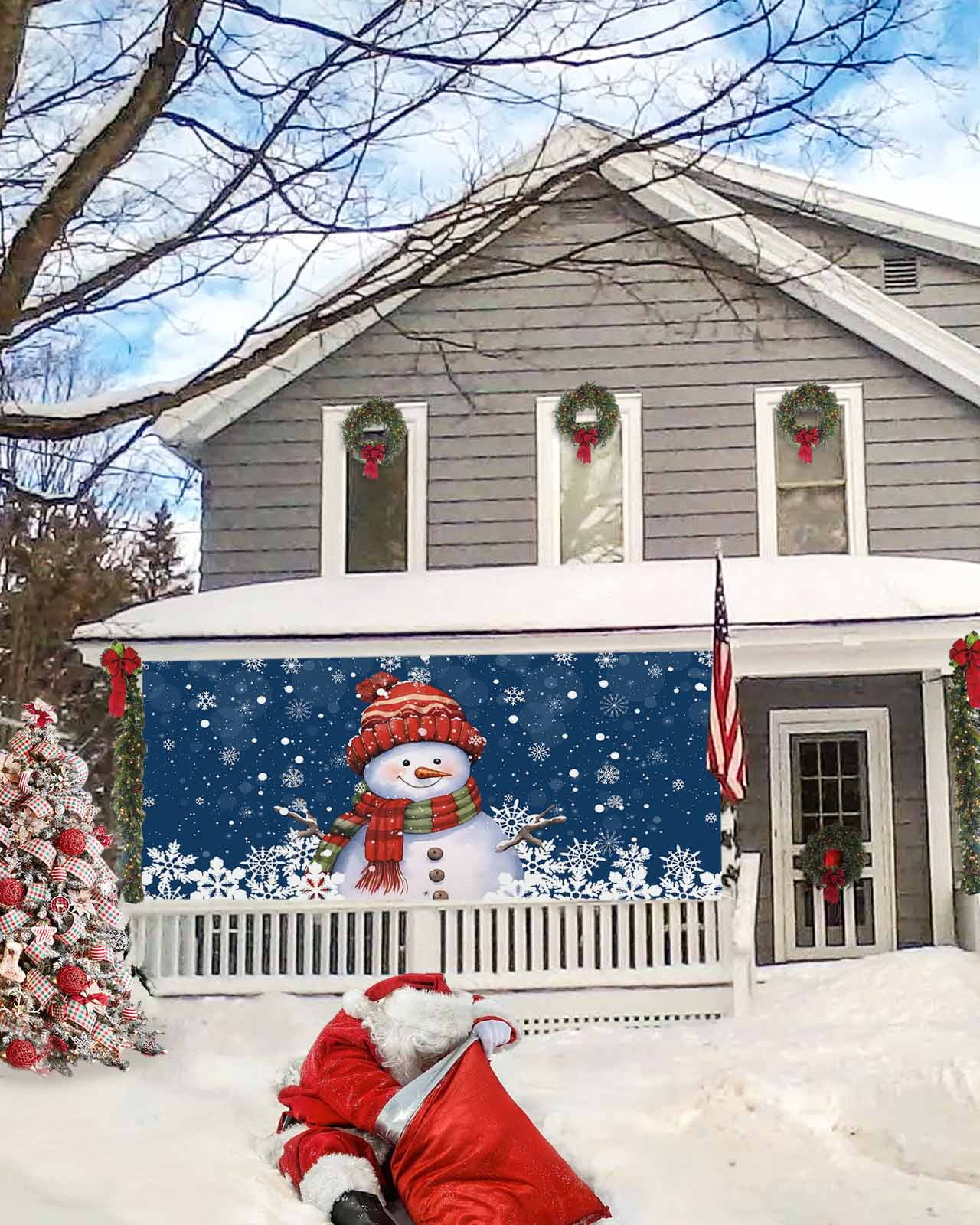 Garage Door Banner Cover 6 x 13 ft, Christmas Snowman with Cap Xmas Tree Snowflake Navy Blue Christmas Garage Door Decorations Holiday Christmas Backdrop Decor for Winter New Year Xmas Party