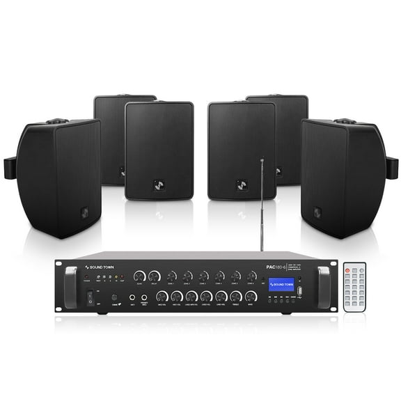 Sound Town Commercial Restaurant Bluetooth Amplifier   Surface-Mount Speaker Set, with One 6-Zone 70V/100V Amplifier with Bluetooth, 6 x 4.5-Inch Surface-Mount Speakers, Black (PAC180X6TV4B)